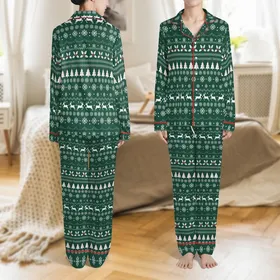 Family Matching Green Christmas Pajamas: Folk Art Tree Reindeer Snowflake Fair Isle Organic Cotton Sleep Sets Satin Pajamas Set