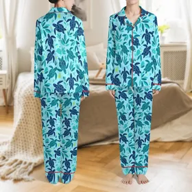 Family Matching Summer Deep Navy Turquoise Geometric Sea Turtle Cotton Pajamas Satin Pajamas Set