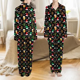Beer Lover's Festive Ugly Sweater Beer Mug & Santa Hat All-Over Print Christmas Pajamas Set Satin Pajamas Set