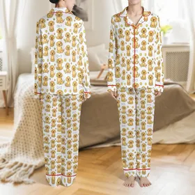 Golden Retriever Christmas Pajamas: Cute Cartoon Dog Mom Dad Print - Soft Stretch Sleep Set Satin Pajamas Set