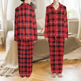 Adult Long Johns Pattern: Classic Red Black Tartan Plaid Union Suit Design with Back Flap Satin Pajamas Set