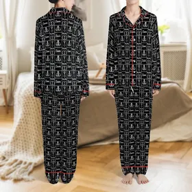 Couples' Personalized Silky Satin Pajamas: Mr. & Mrs. Wedding Ring & Heart Pattern Sleep Set Satin Pajamas Set