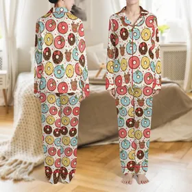 Holiday Enthusiasts' Whimsical Flat Graphic Christmas Donut Pattern: Reindeer, Red, Blue, Yellow Frosted with Sprinkles & Holly Satin Pajamas Set