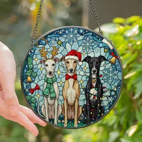 Christmas Dog Lovers' Tiffany Style Whippet Dogs Stained Glass Festive Antlers Santa Hat Lights Jewel Tones Stained Glass Suncatcher