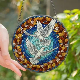 Nature Lovers' Vibrant Tiffany Style Doves Autumn Leaves Celestial Art Stained Glass Suncatcher