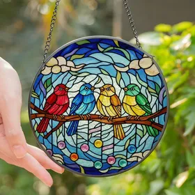 Nature & Music Lovers' Intricate Stained Glass Four Songbirds Musical Notes Mosaic in Deep Blues, Vibrant Reds Stained Glass Suncatcher