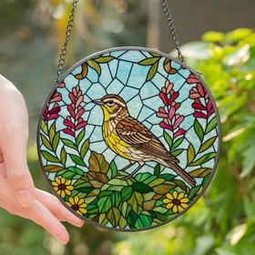 Nature Lovers' Detailed Stained Glass Western Meadowlark Meadow Floral Mosaic Jewel Tones Geometric Blue Background Stained Glass Suncatcher