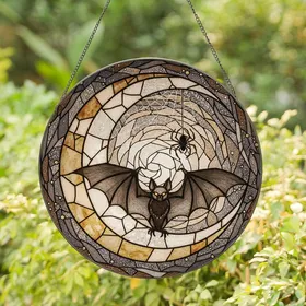 Gothic Art Lovers' Intricate Stained Glass Moon Bat Spiderweb Twilight Amber Jewel Tones Stained Glass Suncatcher