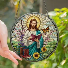 Devotional Art Lovers Luminous Stained Glass Jesus Reading Book, Tiffany Style Floral Mosaic, Jewel Tone Serenity Stained Glass Suncatcher