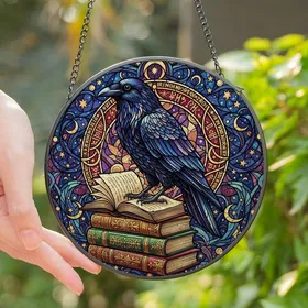 Fantasy & Lore Enthusiasts' Majestic Raven Stained Glass Art, Mystical Books & Arcane Symbols, Jewel Tones Stained Glass Suncatcher