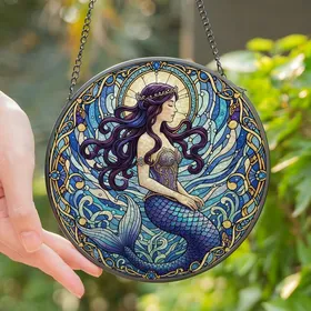 Fantasy Art Lovers' Tiffany Style Stained Glass Mermaid Deep Blue Purple Gold Filigree Ocean Motif Stained Glass Suncatcher