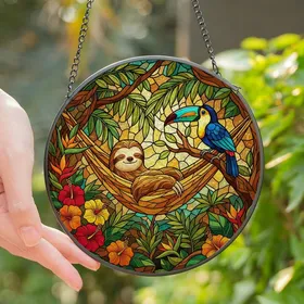 Tropical Enthusiasts' Tiffany Glass Sloth Toucan Jungle Jewel Tone Mosaic Art Stained Glass Suncatcher