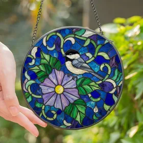 Nature Lovers' Tiffany Style Chickadee Stained Glass Floral Mosaic, Vibrant Purple Blue Green Jewel Tones Stained Glass Suncatcher
