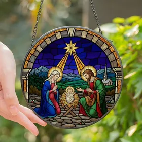 Faithful Art Enthusiasts' Tiffany-Style Nativity Adoration Stained Glass Mosaic, Deep Blue Red Gold Jewel Tones, Radiant Star, Detailed Archway Stained Glass Suncatcher