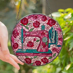 Sewing Enthusiasts' Jewel Tone Tiffany Stained Glass Pink Rose & Teal Sewing Machine Art Stained Glass Suncatcher