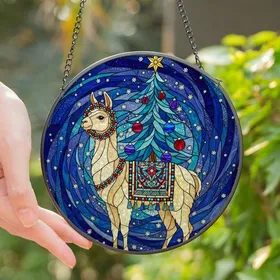 Holiday Enthusiasts' Luminous Cream Llama Tiffany Stained Glass Christmas Tree Winter Night Mosaic Stained Glass Suncatcher