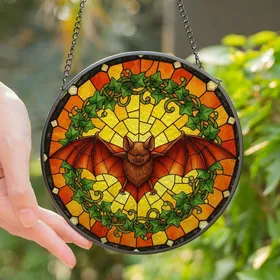 Fantasy Art Fans' Stained Glass Brown Bat Ivy Wreath Glowing Amber Mosaic Stained Glass Suncatcher