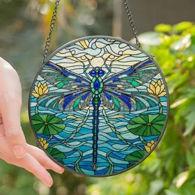 Nature Lovers' Luminous Stained Glass Dragonfly Deep Blue Turquoise Emerald Green Golden Yellow Mosaic Stained Glass Suncatcher