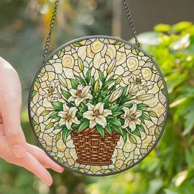 Art Lovers' Vibrant Tiffany Stained Glass Lilies Emerald Green Golden Brown Floral Mosaic Stained Glass Suncatcher