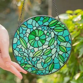 Art Lovers' High Contrast Tiffany Style Stained Glass Emerald Aqua Blue Floral Mosaic Stained Glass Suncatcher