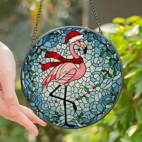 Holiday Enthusiasts' Stained Glass Flamingo Santa Hat Scarf Tiffany Style Swirling Snow Pink Red White Black Jewel Tones Stained Glass Suncatcher