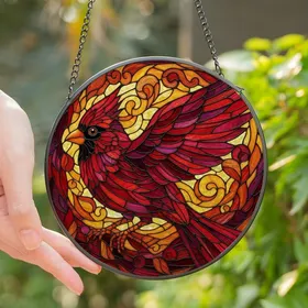 Nature Lovers' Intricate Stained Glass Cardinal Ruby Red Golden Yellow Jewel Tone Mosaic Art Stained Glass Suncatcher