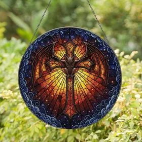 Alternative Style Adorers' Fiery Stained Glass Gothic Cross Bat Gargoyle Mosaic Art Stained Glass Suncatcher