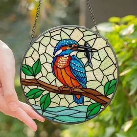 Nature Lovers' Tiffany Stained Glass Kingfisher, Electric Blue & Red-Orange, Emerald Leaves & Aqua Water Mosaic Stained Glass Suncatcher