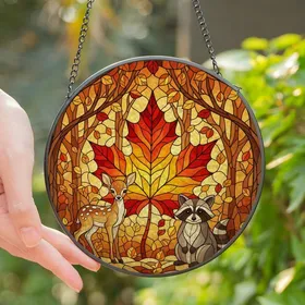 Autumn Lovers' Glowing Tiffany Stained Glass Maple Leaf Fawn Raccoon Forest Mosaic Stained Glass Suncatcher