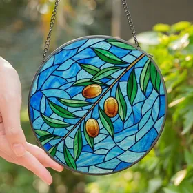 Nature Lovers' Tiffany Style Stained Glass Olive Branch Emerald Green Amber Cerulean Blue Mosaic Stained Glass Suncatcher