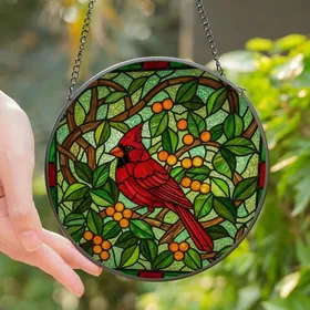 Nature Lovers' Tiffany Style Stained Glass Cardinal Ruby Red Forest Green Mosaic Stained Glass Suncatcher