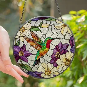 Stained Glass Art Fans' Jewel Tone Hummingbird Tiffany Style Floral Mosaic Ruby Emerald Gold Stained Glass Suncatcher