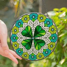 Art Lovers' Stained Glass Four-Leaf Clover Emerald Teal Filigree Floral Mosaic Jewel Tones Stained Glass Suncatcher