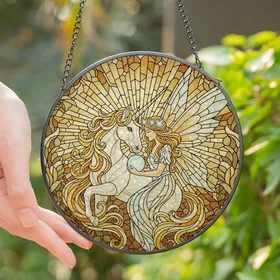Fantasy Lovers' Ethereal Stained Glass Fairy Unicorn Jewel Tone Gold Blue Amber Art Stained Glass Suncatcher