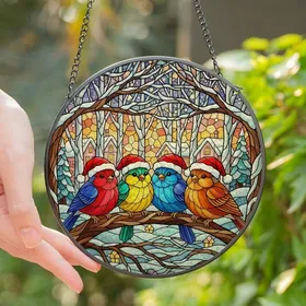 Christmas Lovers' Jewel Tone Stained Glass Songbirds Santa Hats Winter Forest Mosaic Stained Glass Suncatcher