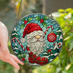 Holiday Enthusiasts' Intricate Stained Glass Christmas Gnome Winter Wonderland Mosaic in Red, Green, Teal Jewel Tones Stained Glass Suncatcher