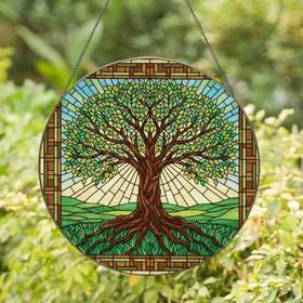 Nature Lovers' Tiffany Stained Glass Tree of Life Emerald Green Canopy & Luminous Sky Mosaic Stained Glass Suncatcher