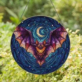 Fantasy Art Lovers' Fierce Bat Glowing Stained Glass Mystical Night Sky Tiffany Style Jewel Tones Cosmic Mosaic Stained Glass Suncatcher