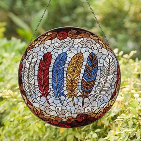Nature Inspired Tiffany Stained Glass Seven Feather Art, Ruby Red Sapphire Blue Amber Mosaic Stained Glass Suncatcher