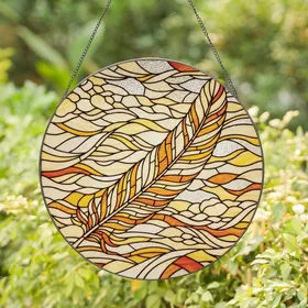 Art Lovers' Elegant Tiffany-Style Stained Glass Feather Amber Orange Yellow Cream Radiant Mosaic Stained Glass Suncatcher