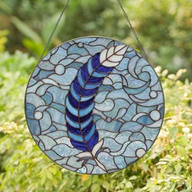 Art Lovers' Intricate Glowing Tiffany Stained Glass Feather Mosaic Deep Blue Aqua Copper White Swirls Stained Glass Suncatcher