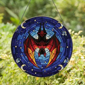 Mythic Art Collectors' Intricate Tiffany Stained Glass Bat Celestial Swirls Ruby Red Amber Black Stained Glass Suncatcher