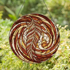 Art & Nature Lovers' Intricate Stained Glass Feather Mosaic Sienna Amber Swirls Stained Glass Suncatcher