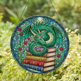 Fantasy Art Lovers' Tiffany Stained Glass Emerald Dragon Antique Books Jewel Tone Filigree Stained Glass Suncatcher