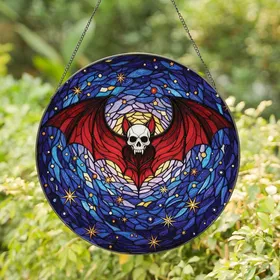 Fantasy Art Lovers' Vibrant Red Stained Glass Bat Skull Luminous White Intricate Twilight Mosaic Stained Glass Suncatcher