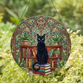 Cat Lovers' Tiffany Stained Glass Black Cat Bookshelf Vibrant Jewel Tones Floral Mosaic Design Stained Glass Suncatcher