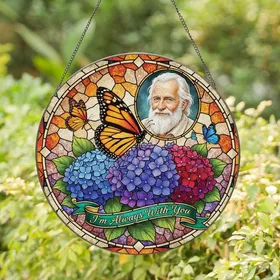Nature & Family Art Lovers Vibrant Tiffany Glass Monarch Butterfly Hydrangea Mosaic Grandfather Portrait 'Always With You' Script Stained Glass Suncatcher