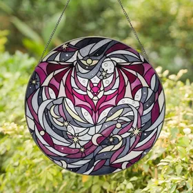 Nature Mystics Vibrant Tiffany Stained Glass Bat Art Magenta Fuchsia Charcoal Gray Celestial Pattern Stained Glass Suncatcher