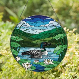 Nature Lovers' Vibrant Tiffany Style Stained Glass Common Loon Pair Water Lily Jewel Tone Mosaic Landscape Stained Glass Suncatcher