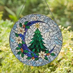 Winter Dreamers' Vibrant Tiffany Stained Glass Crescent Moon Christmas Tree Holly Frost Mosaic Stained Glass Suncatcher